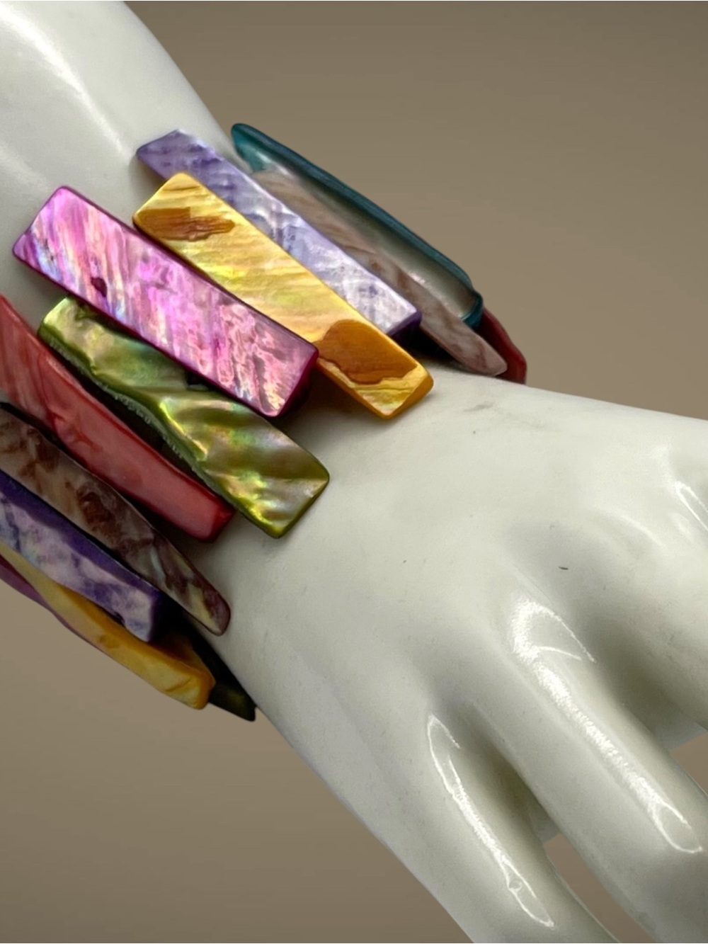 Vintage Dyed Mother of Pearl Shell Stretch Cuff Bracelet Multicolored Statement